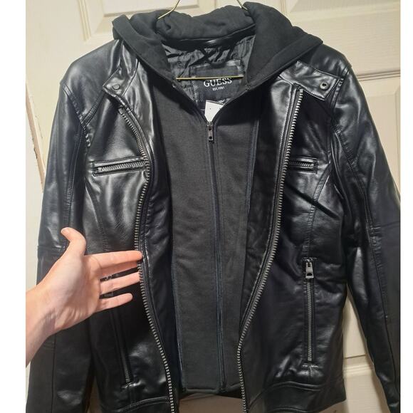 Men's Faux Leather Motorcycle Jacket With Detachable Hood Black Size Large - Picture 8 of 14